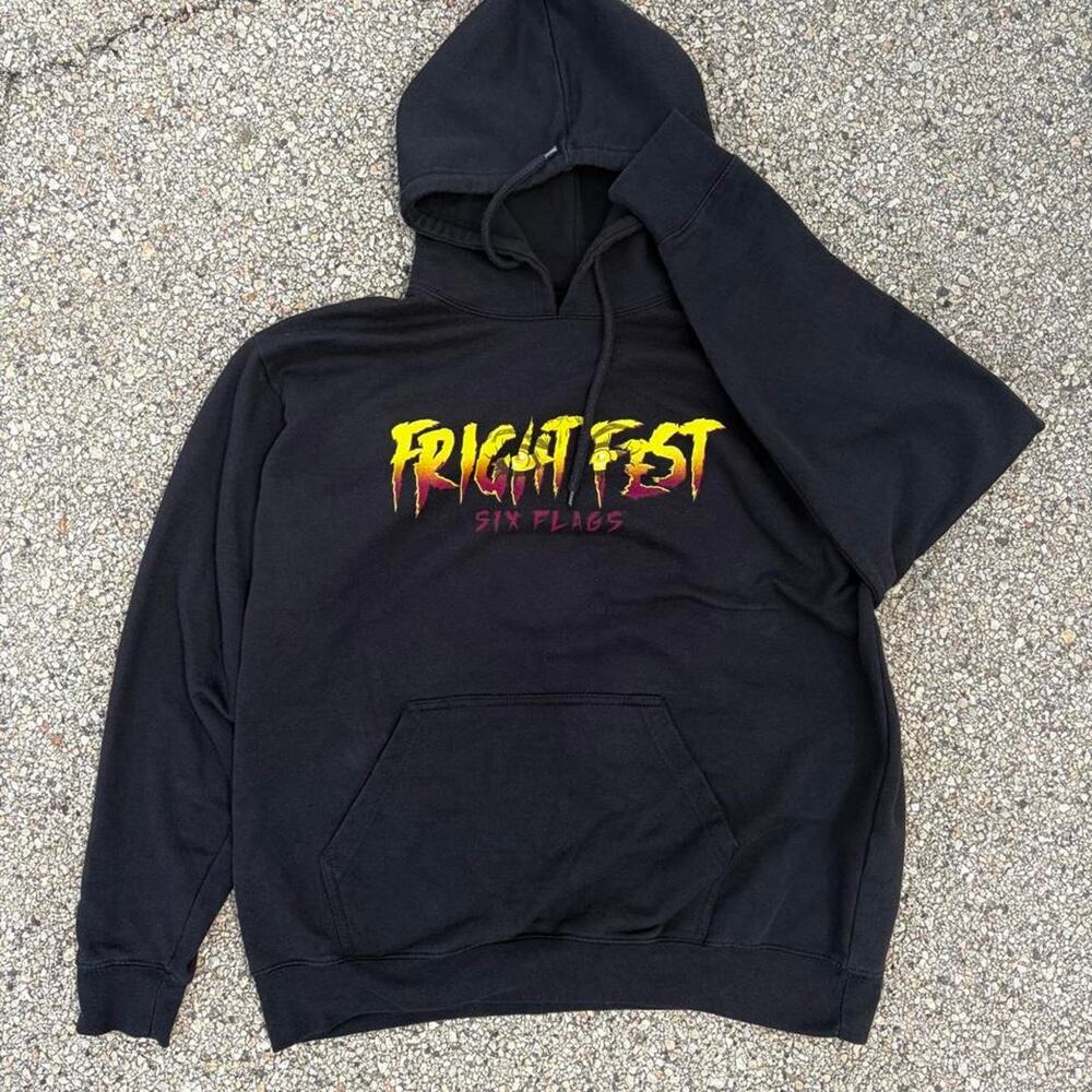Six Flags Fright Fest Evil Killer Doll Graphic Black Pullover Hoodie Mens XL